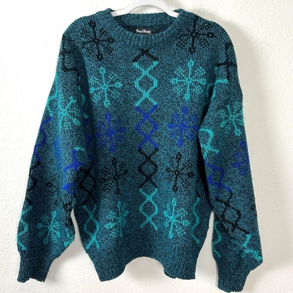Vintage 70s Royal Knight Chunky Knit Grandpa Crewneck Sweater USA Men’s XL Blue